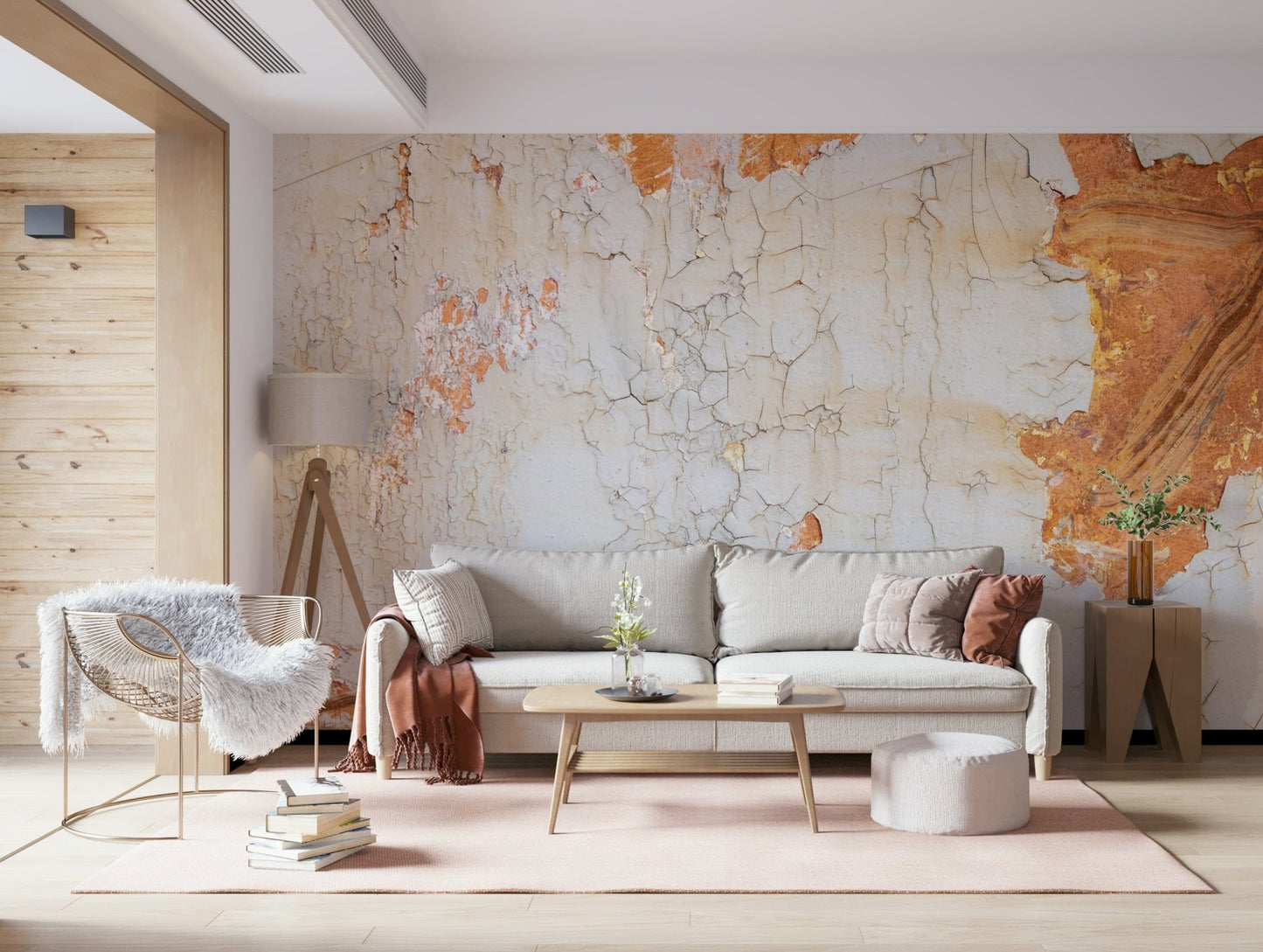 Textured wall mural with detailed cracks and distressed finishes for an aged, vintage look.