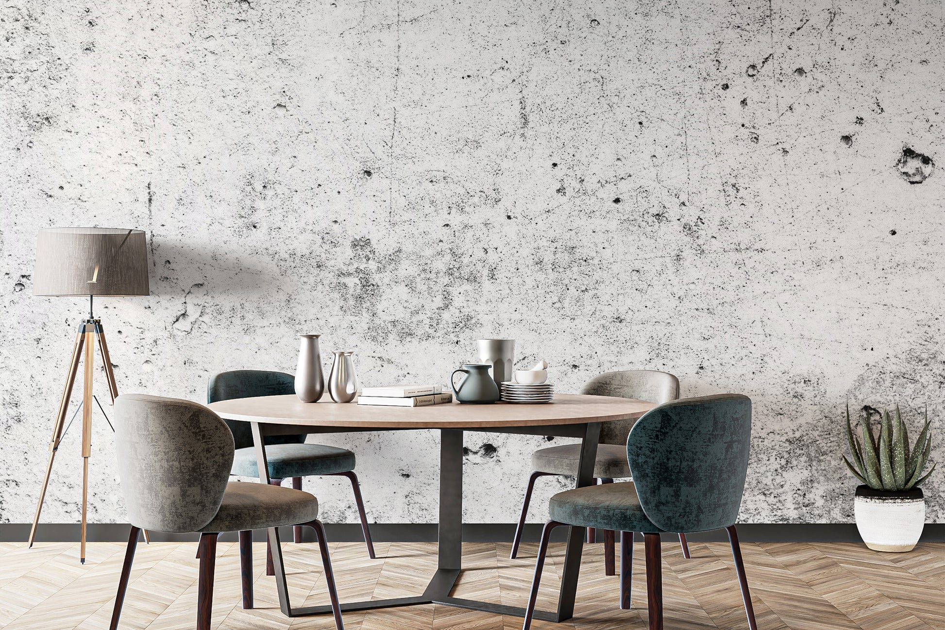 Industrial grey concrete wallpaper mural with deep vertical cracks.