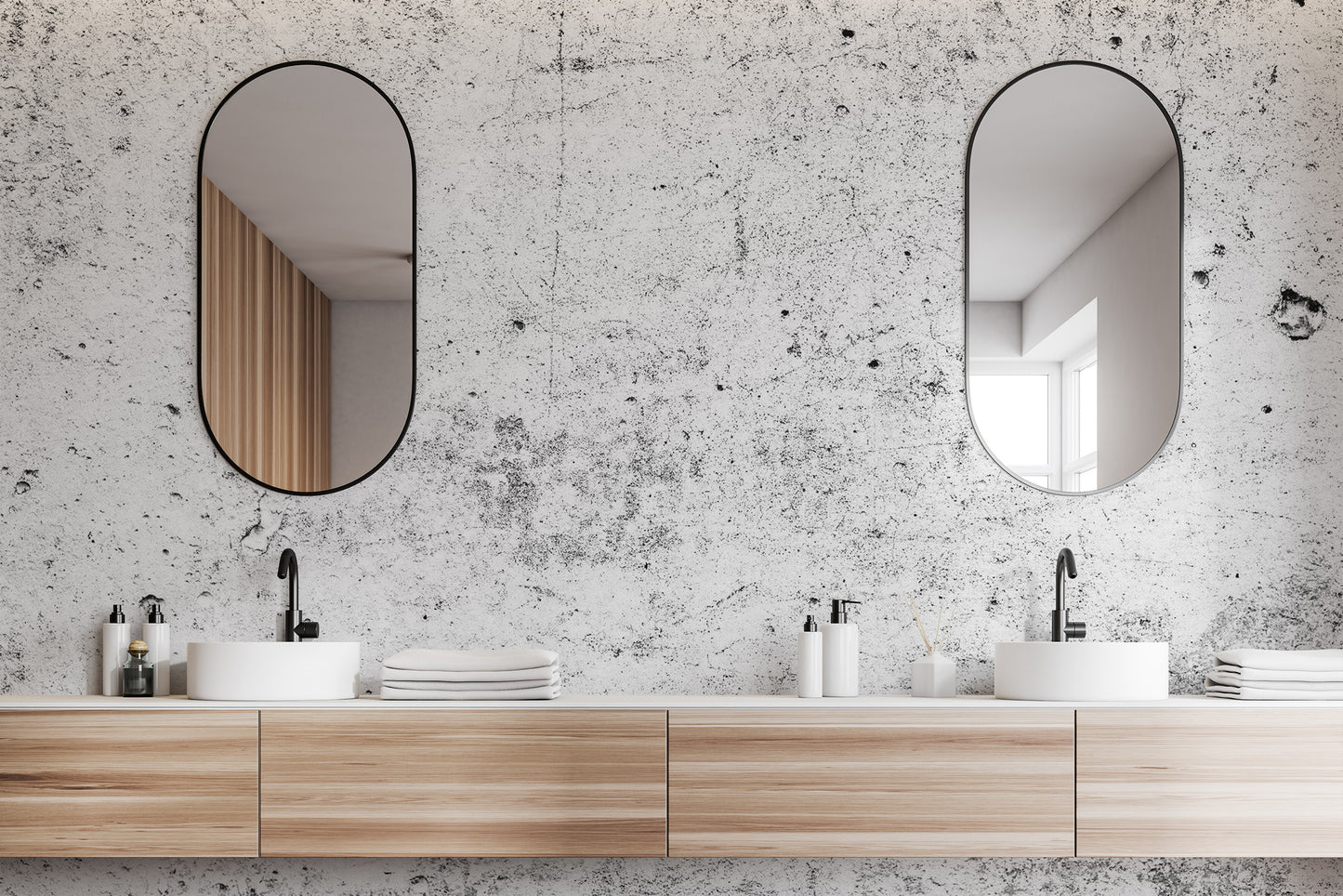 Soft cream textured bathrom wallpaper mural with faint linear scratches 