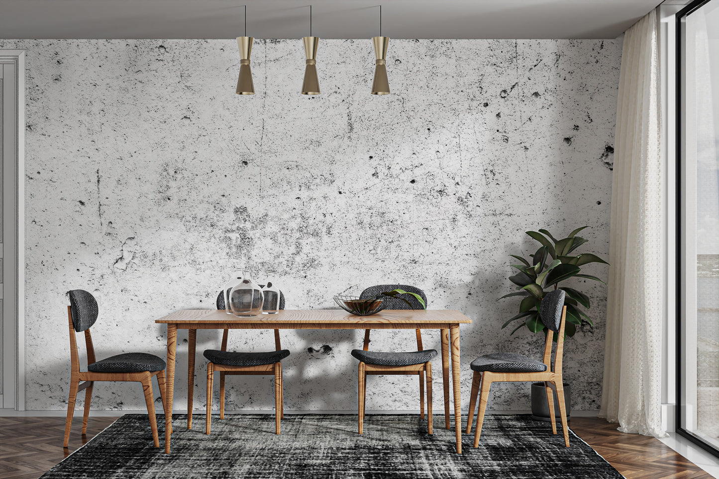 Dark charcoal wall mural with fine metallic silver scratch details.