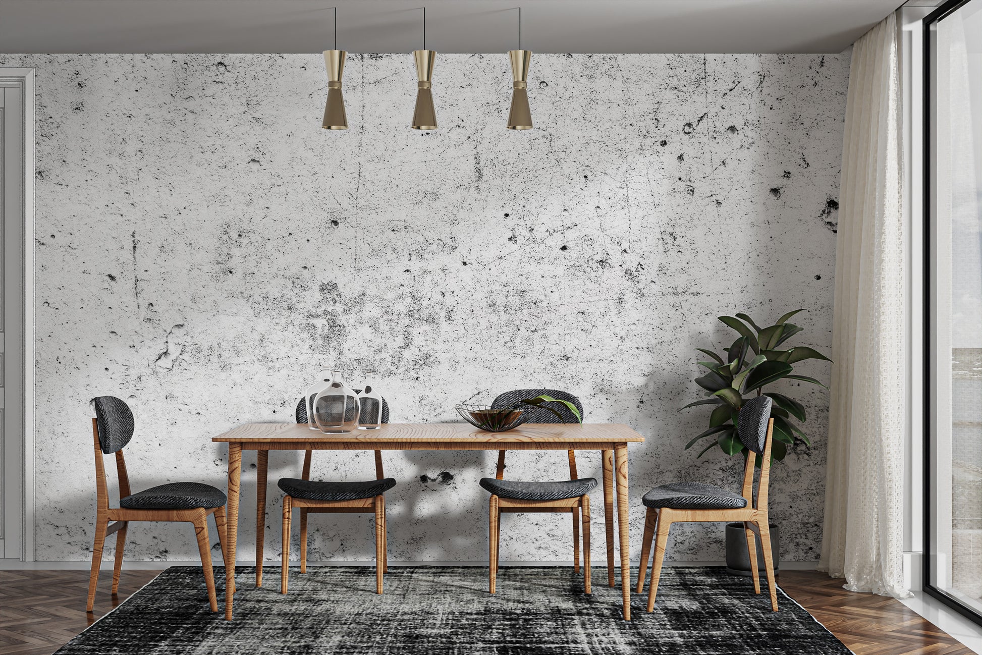 Dark charcoal wall mural with fine metallic silver scratch details.