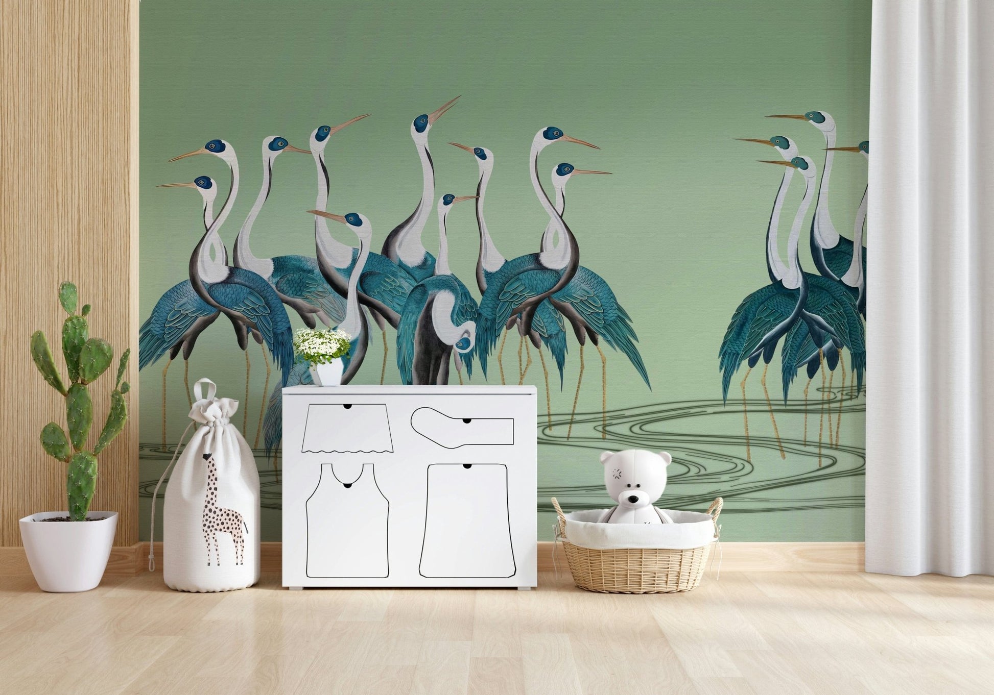 Crane mural behind bed, modern bedroom styling in soft colours