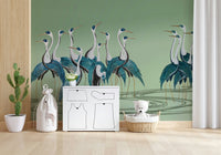 Crane mural behind bed, modern bedroom styling in soft colours