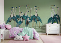 Crane mural in living space, modern home styling and soft colour