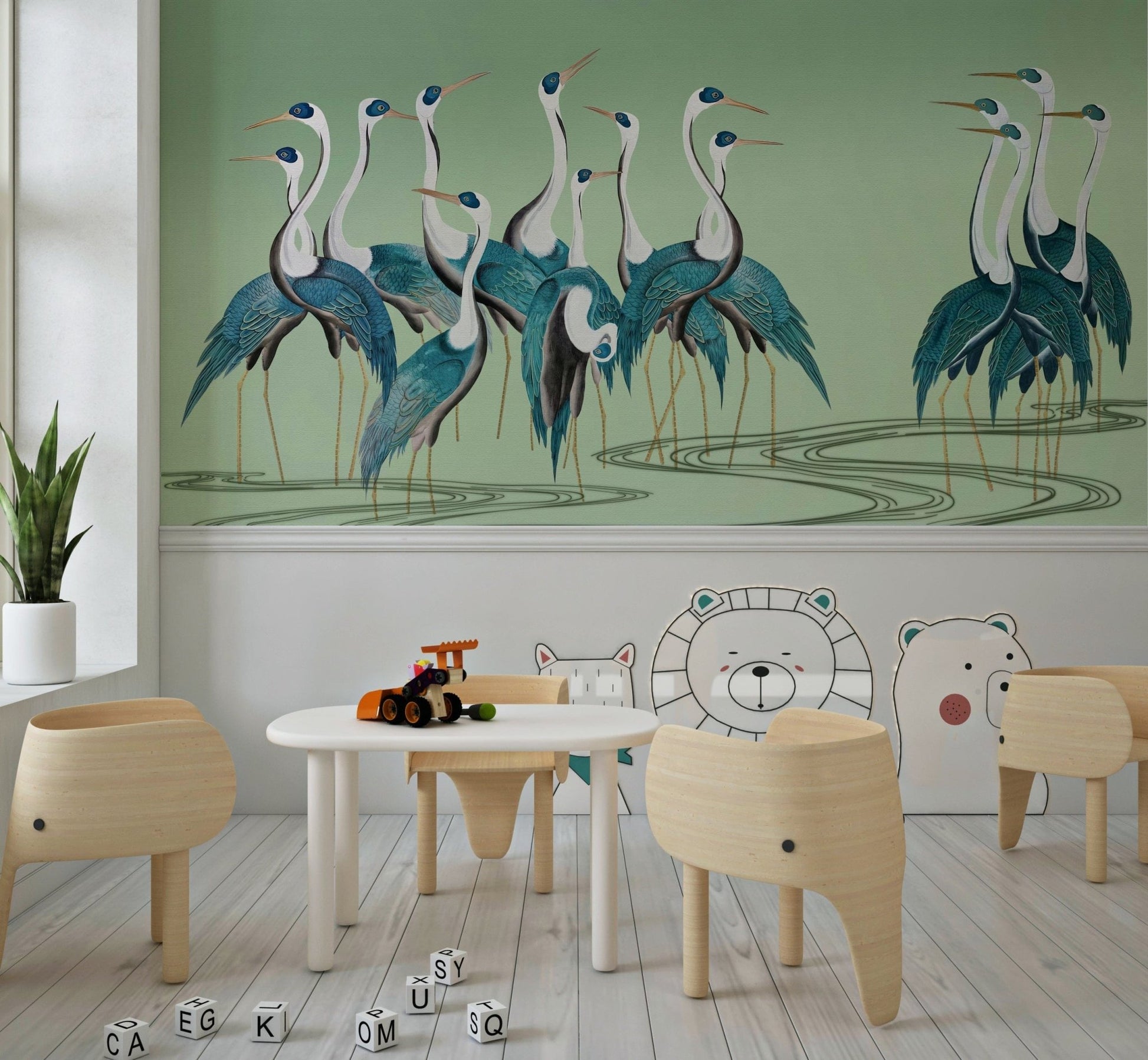 Dining area feature wall with crane mural, muted colour tones