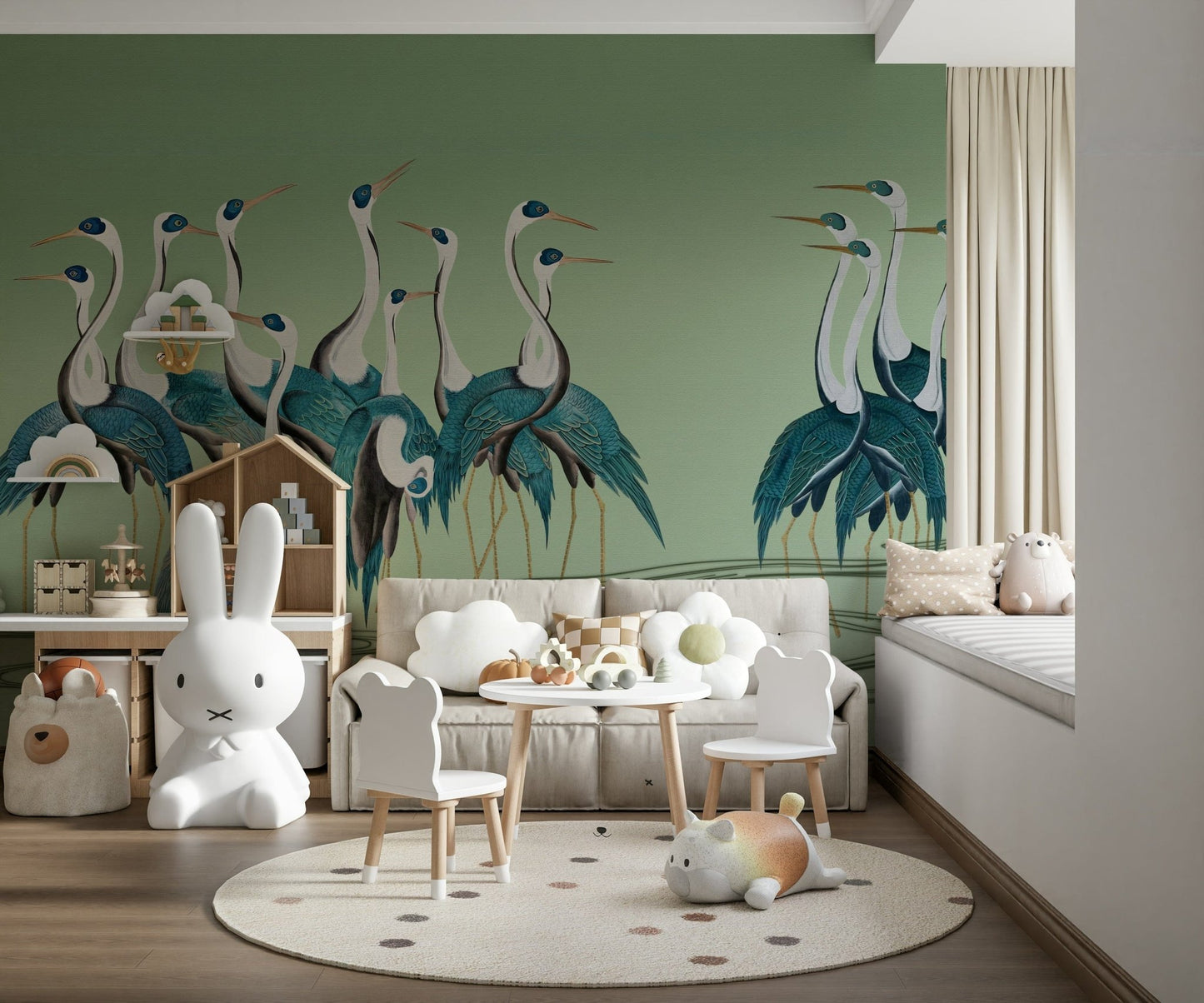 Entryway mural with crane design, modern home styling focus