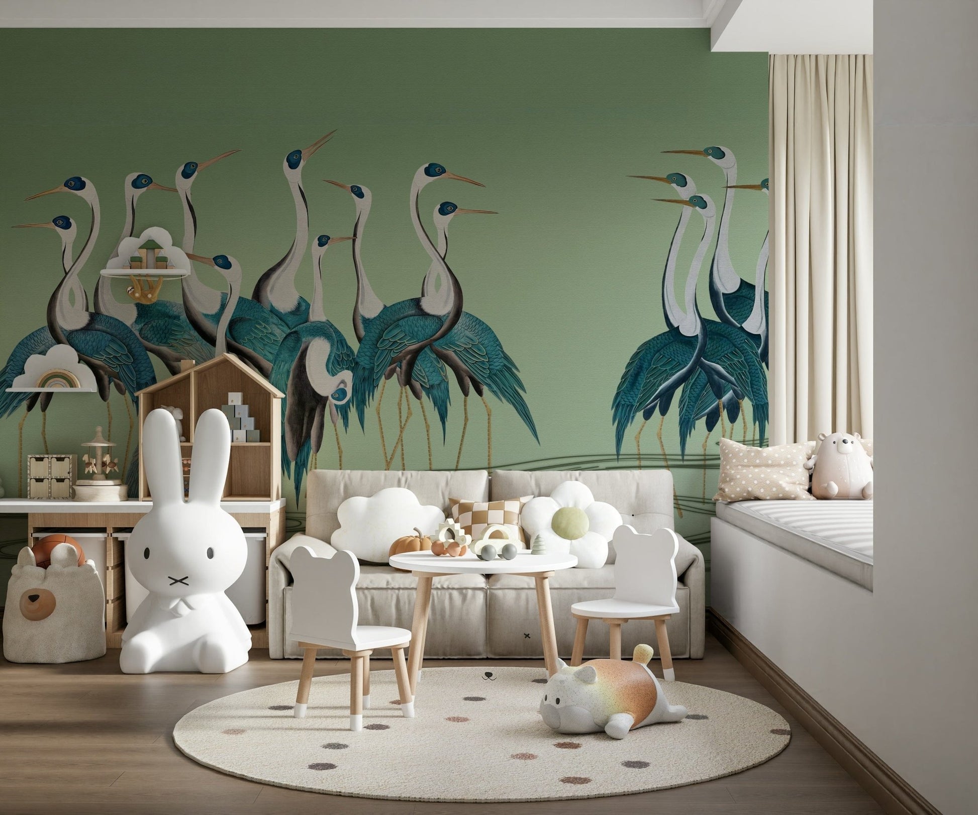 Entryway mural with crane design, modern home styling focus