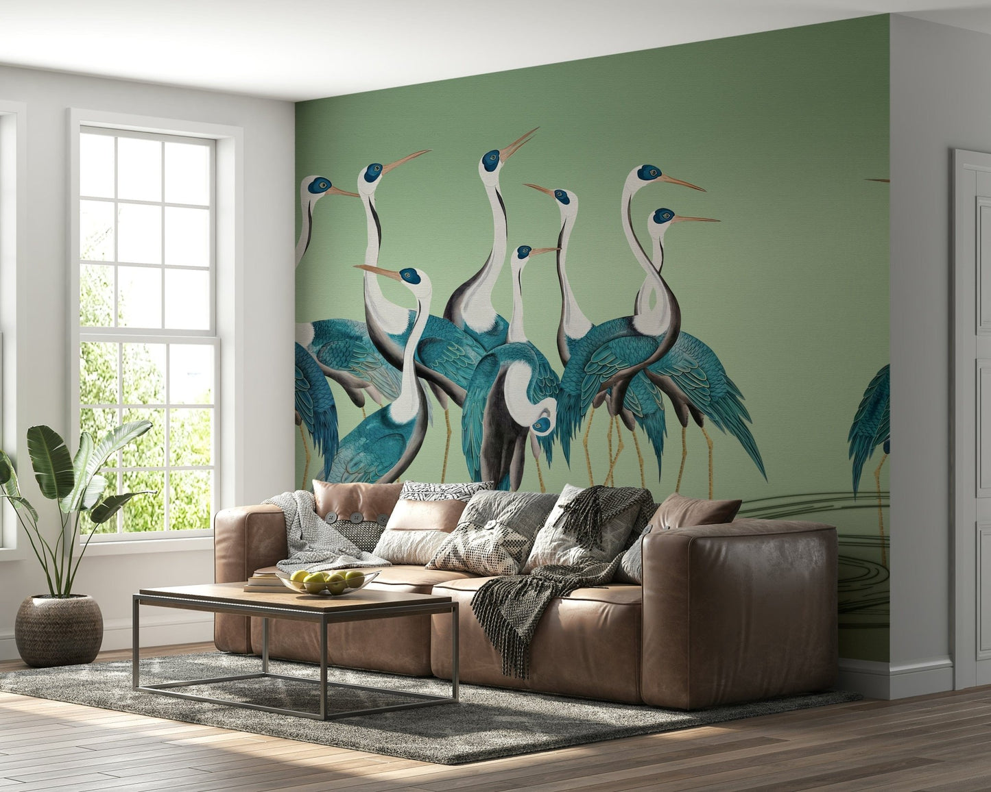 Crane pattern mural in hallway, soft colour and fine detail