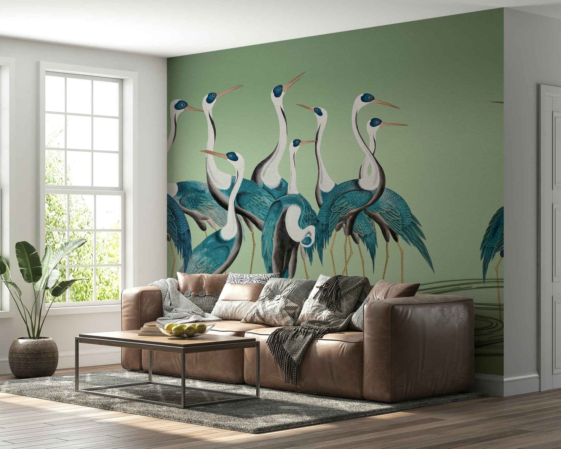 Crane pattern mural in hallway, soft colour and fine detail