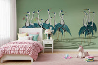 Reading nook with crane mural, calm colour tones and style