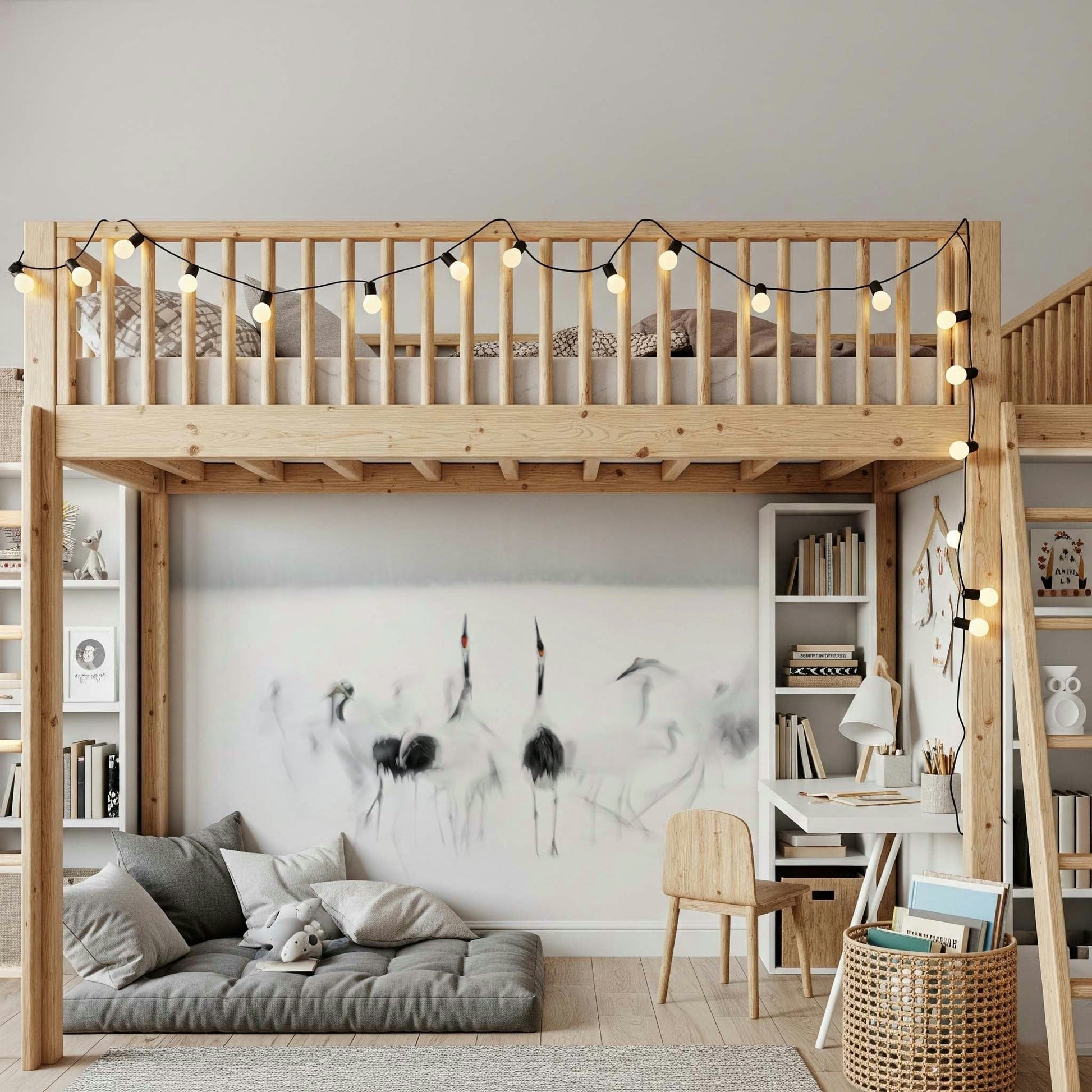 Crane Dance in White wallpaper mural of ink-wash cranes behind a wood loft bed and grey floor cushion in a kids room