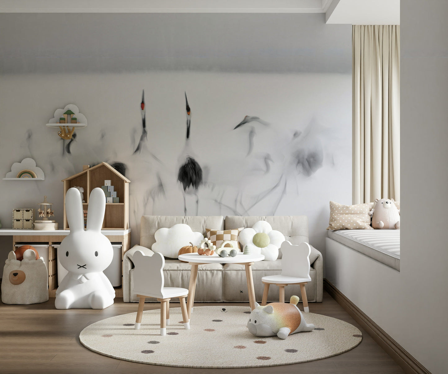 Crane Dance in White wallpaper mural of misty cranes behind a cream sofa and bunny lamp in a nursery