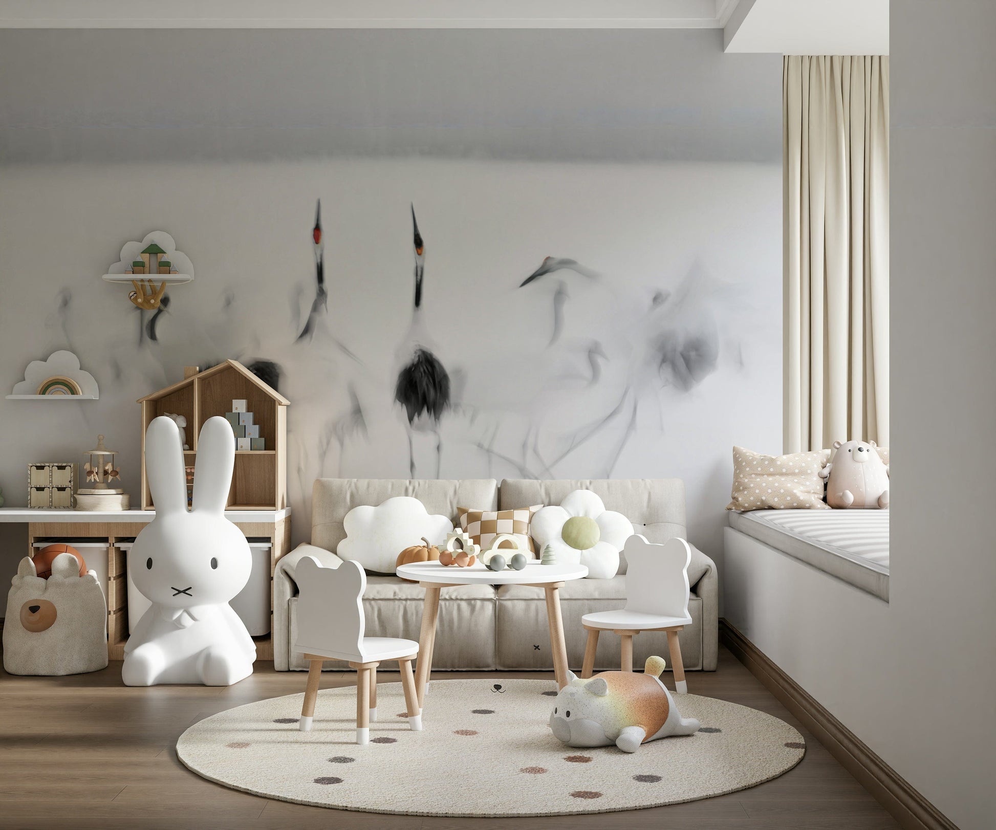 Crane Dance in White wallpaper mural of misty cranes behind a cream sofa and bunny lamp in a nursery