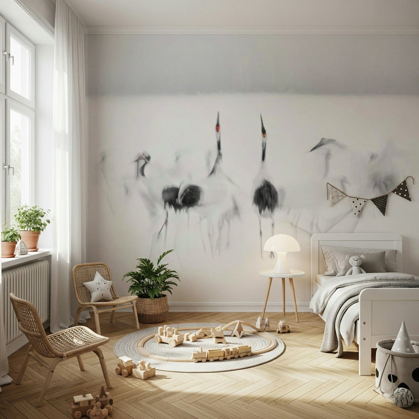 Crane Dance in White wallpaper mural of grey cranes behind a white bed and two rattan chairs in a kids room