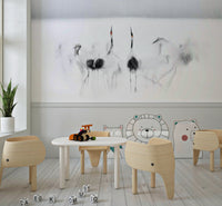 Crane Dance in White wallpaper mural of soft grey cranes above an elephant-shaped chair set in a kids play area