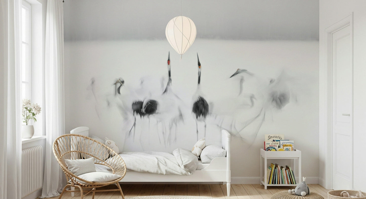 Crane Dance in White wallpaper mural of soft cranes behind a white daybed under a balloon pendant in a kids room