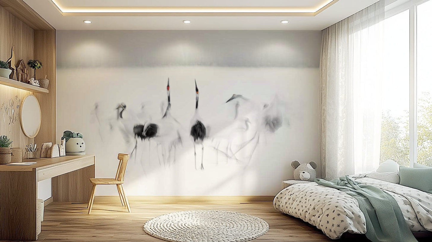 Crane Dance in White wallpaper mural of misty cranes behind a wood desk and white bed in a child's bedroom