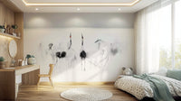 Crane Dance in White wallpaper mural of misty cranes behind a wood desk and white bed in a child's bedroom