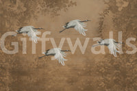 The view is close-up on the birds and flowers.

