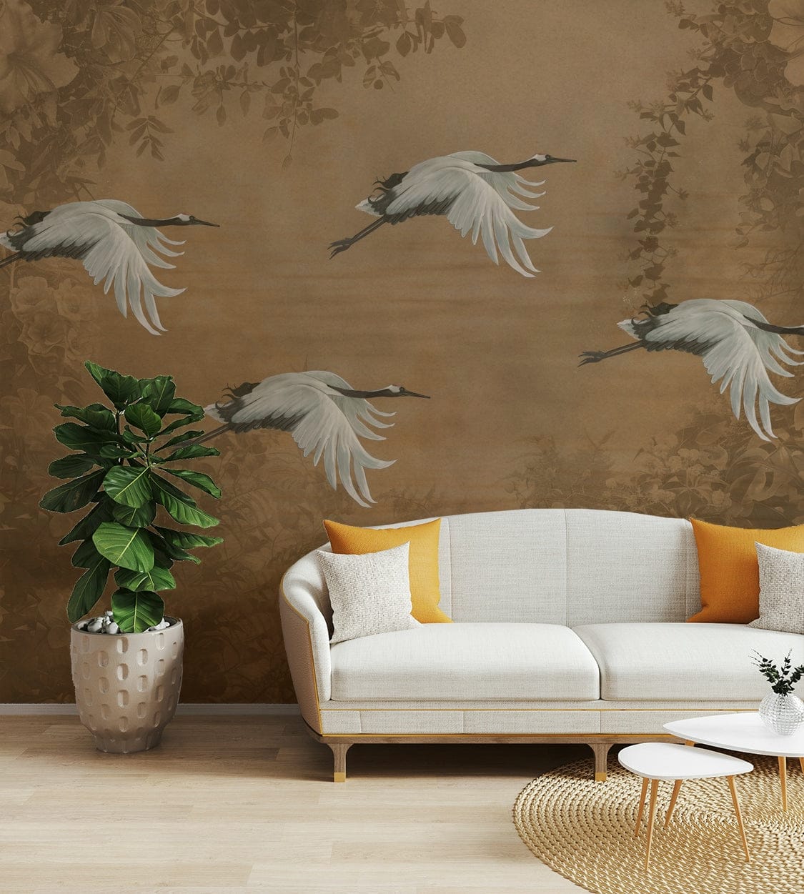 The design is in a style reminiscent of Asian art, with graceful birds.

