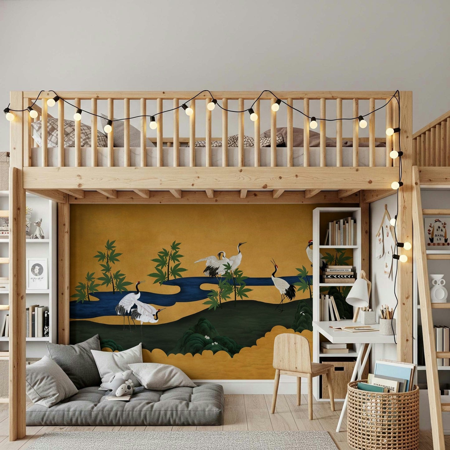 Crane mural in hallway, modern wall decor with calm colors