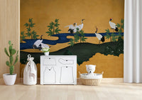 Minimal lounge with crane mural, soft color accents and calm look