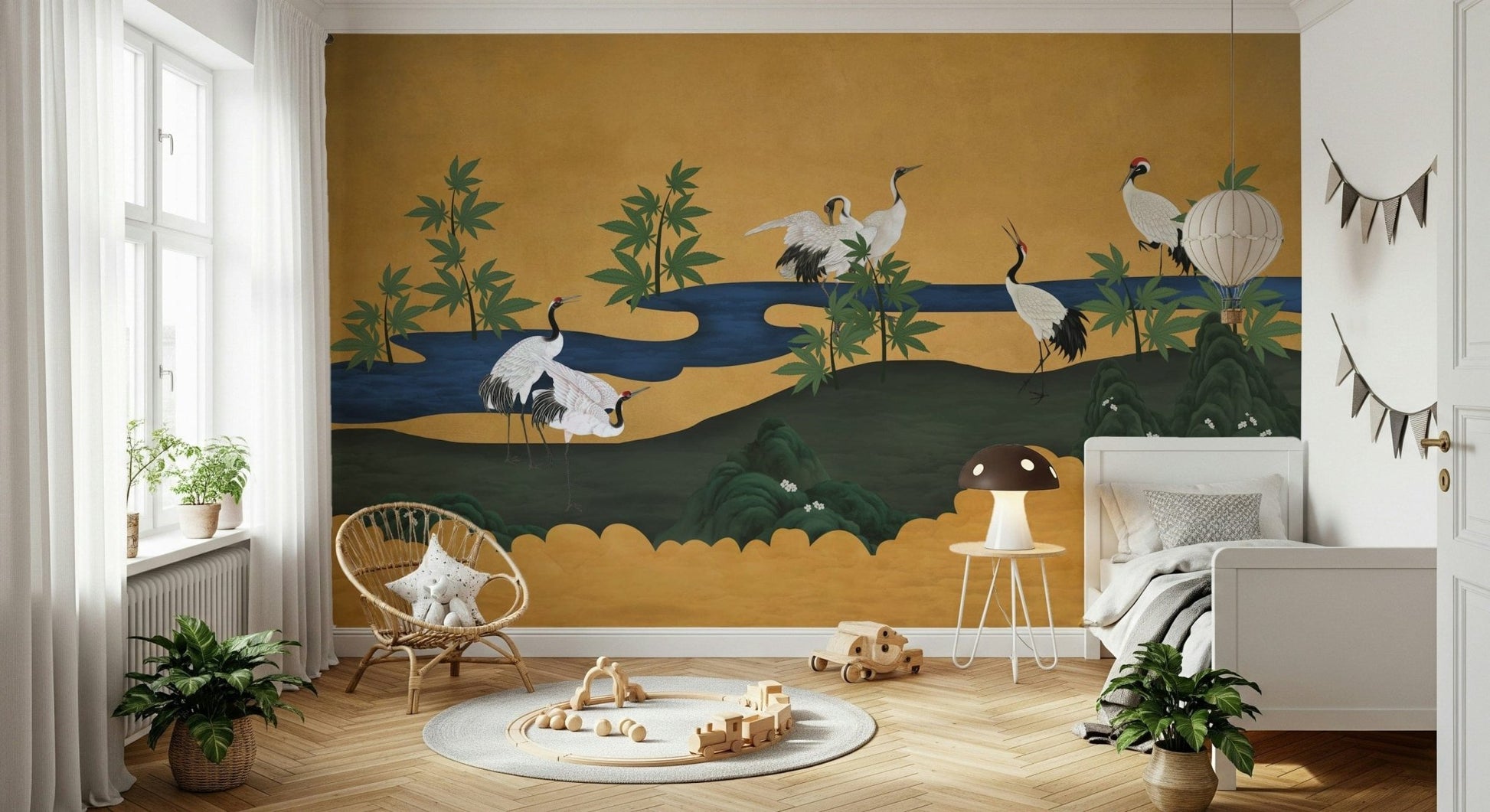 Crane mural in living room, calm color palette, modern style
