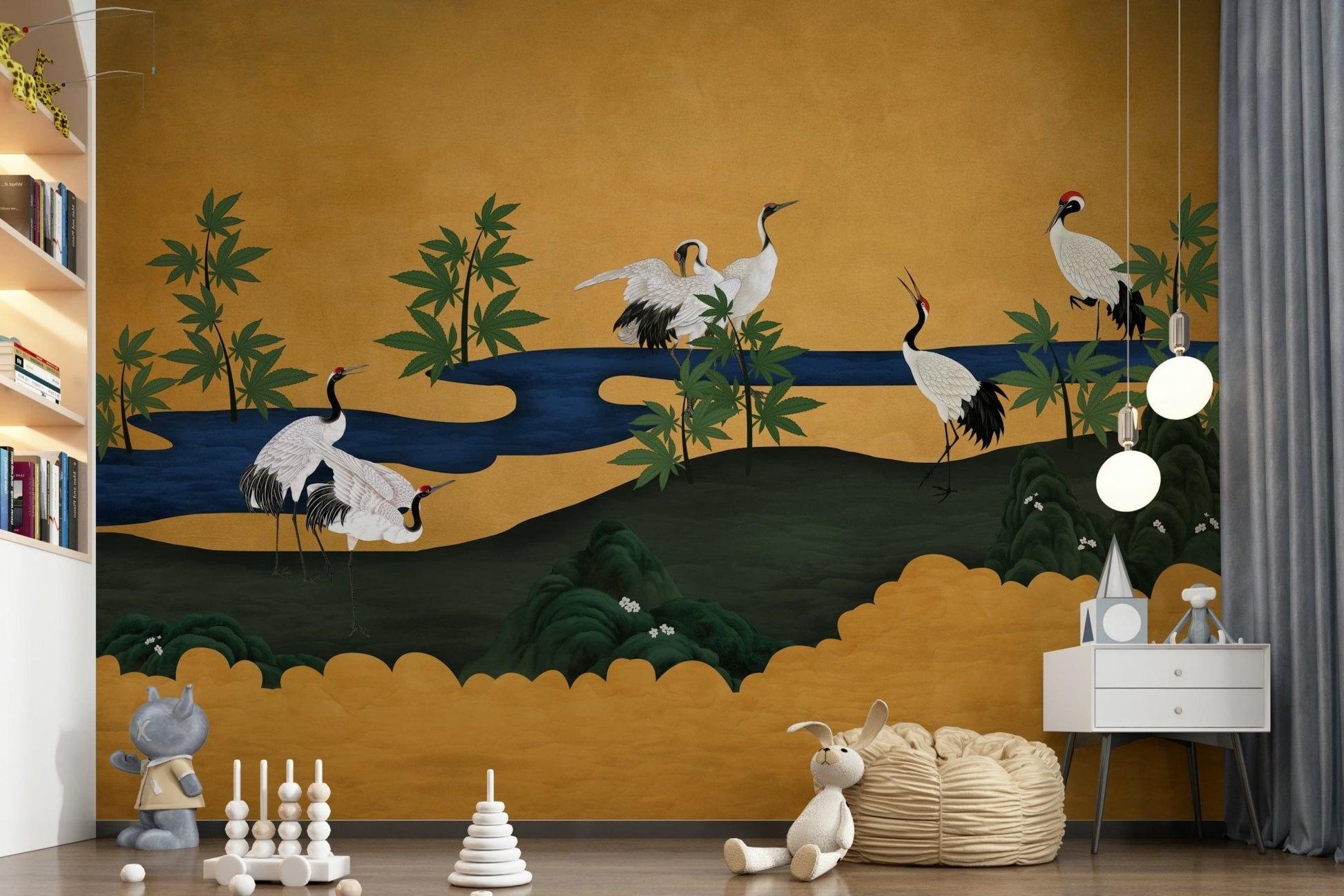 Crane wall mural in home office, calm modern backdrop for desk