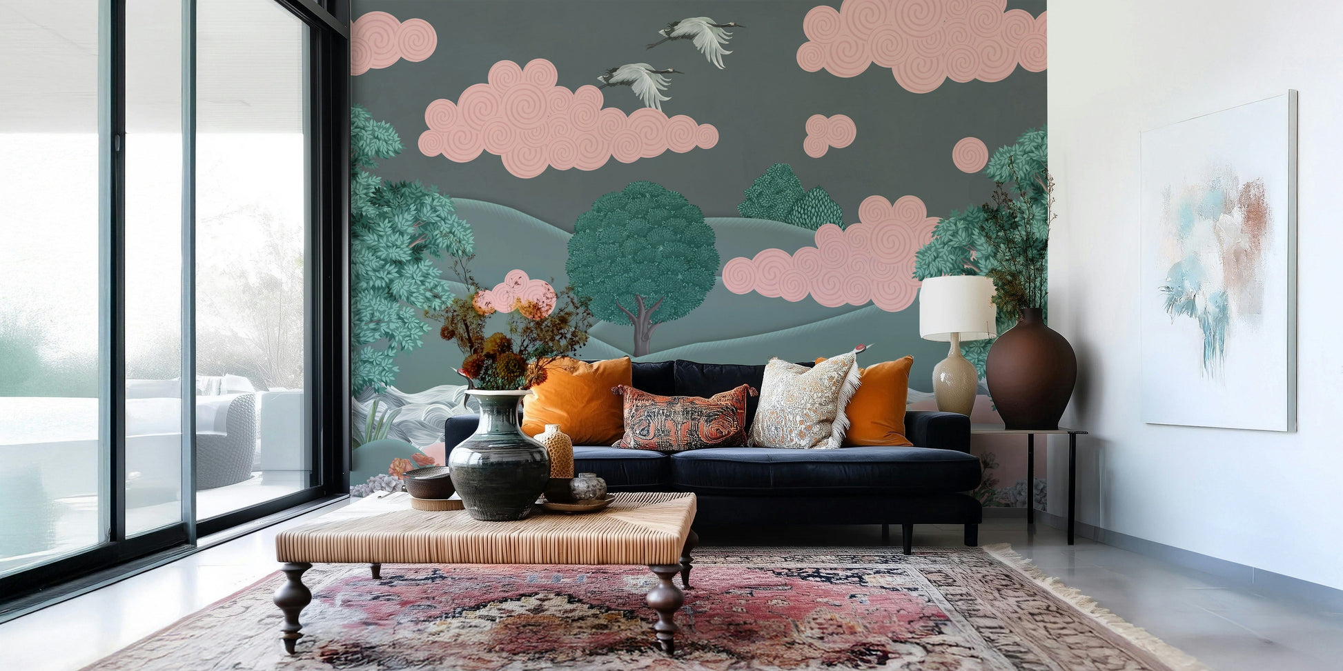Crane’s Dreamscape Wall Mural on dining wall, airy style, soft watercolor look, neutral decor