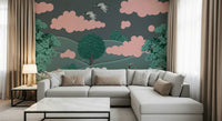 Large crane mural for hallway feature wall, modern style, subtle color wash background