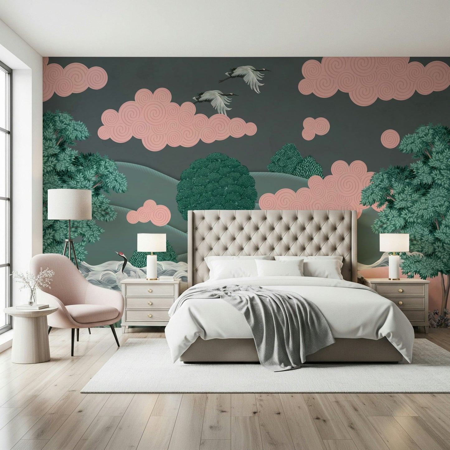 Elegant crane wall mural behind sofa, neutral color palette, modern apartment wall decor