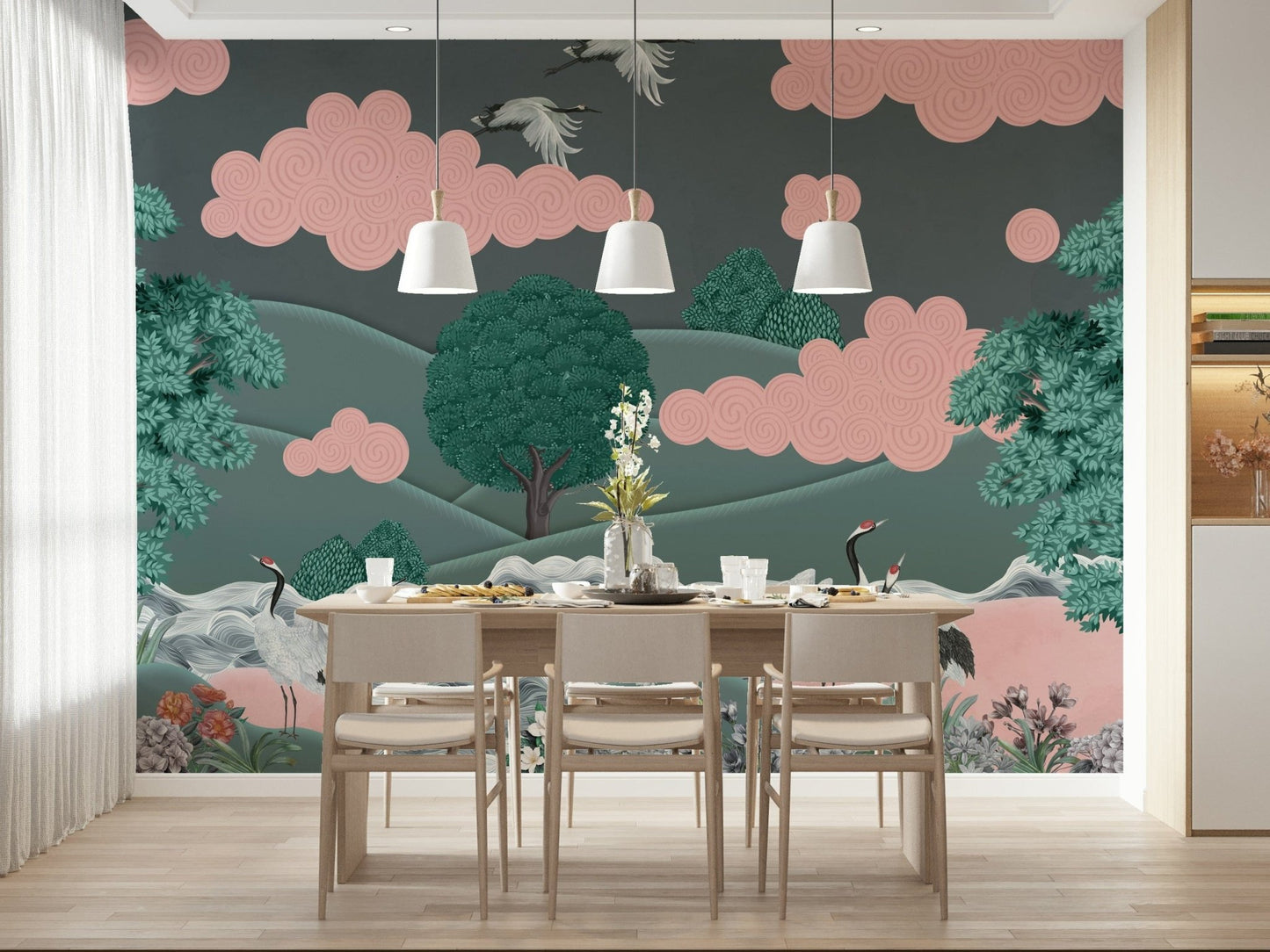 Crane mural behind desk, modern office decor, quiet blue and white palette