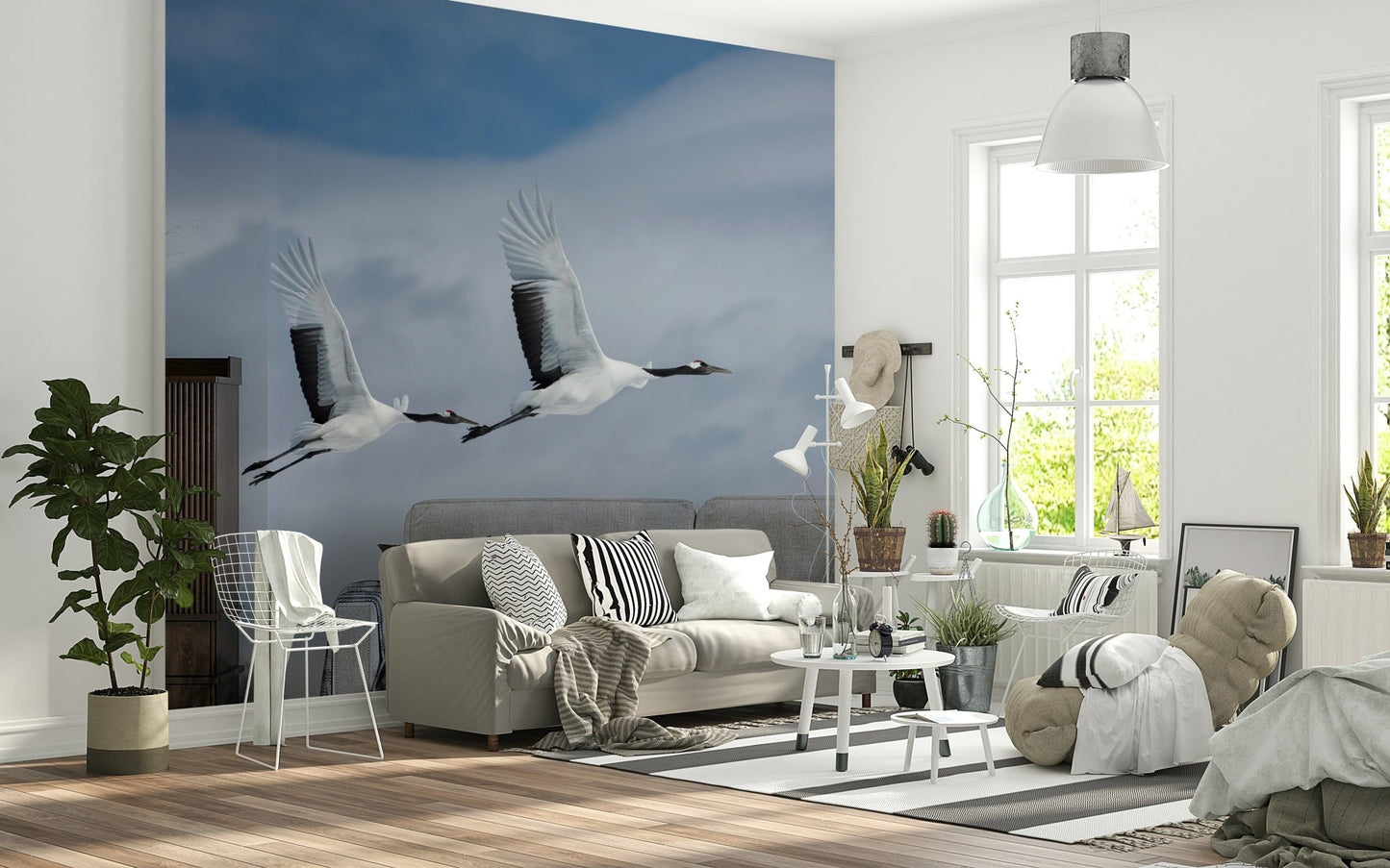 Living room wall decor mural with cranes and sky, simple composition, feature wall