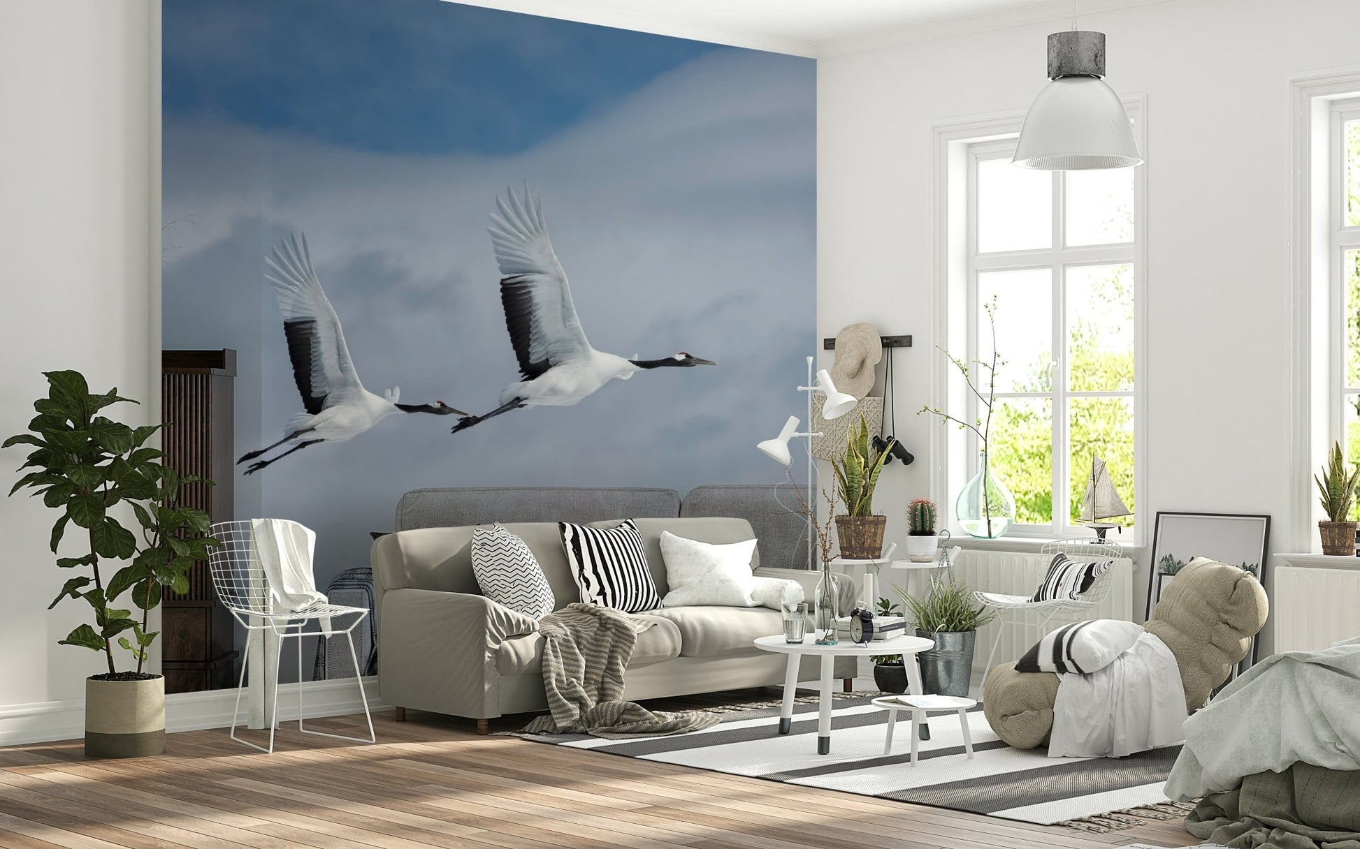 Living room wall decor mural with cranes and sky, simple composition, feature wall