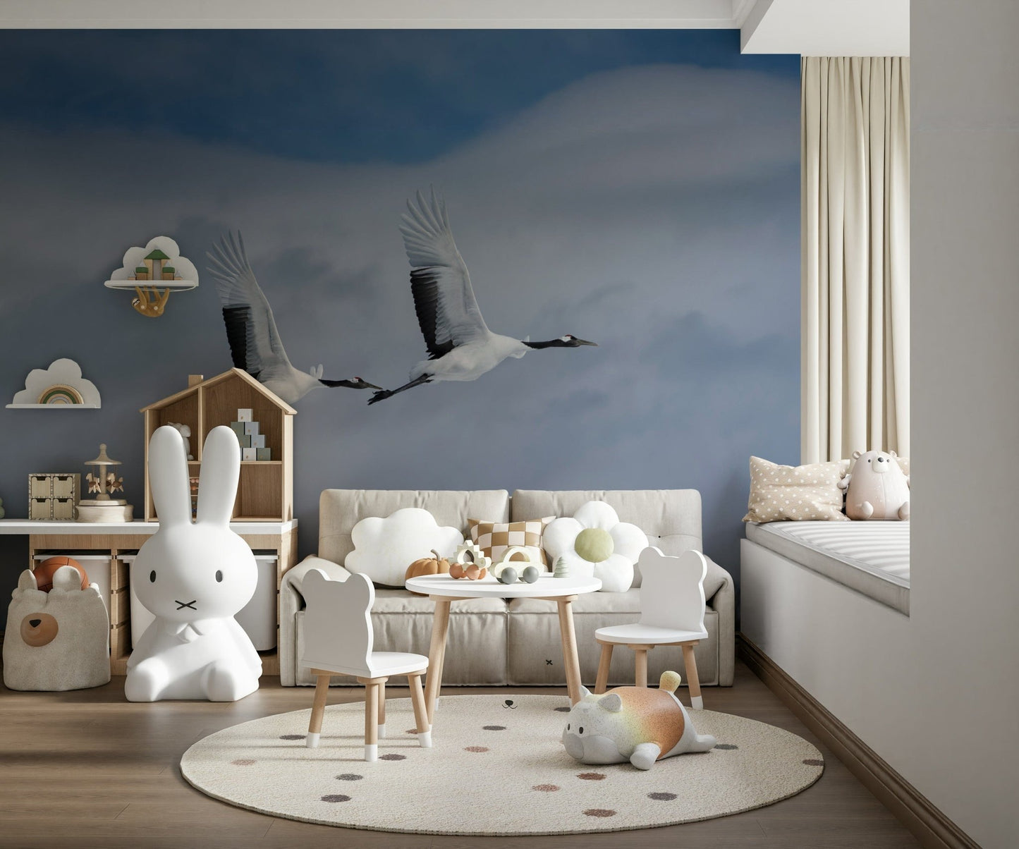 Entryway wall mural showing cranes flying over water, modern wall decor for apartment