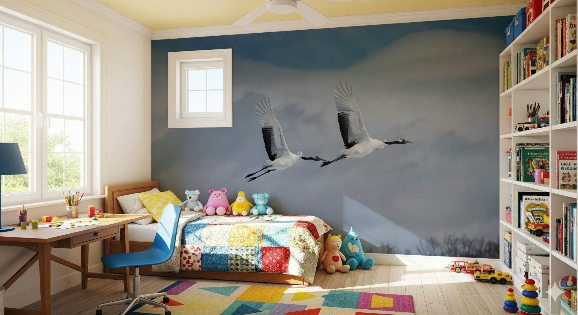 Hallway wallpaper mural with crane silhouettes, neutral color scheme, modern look