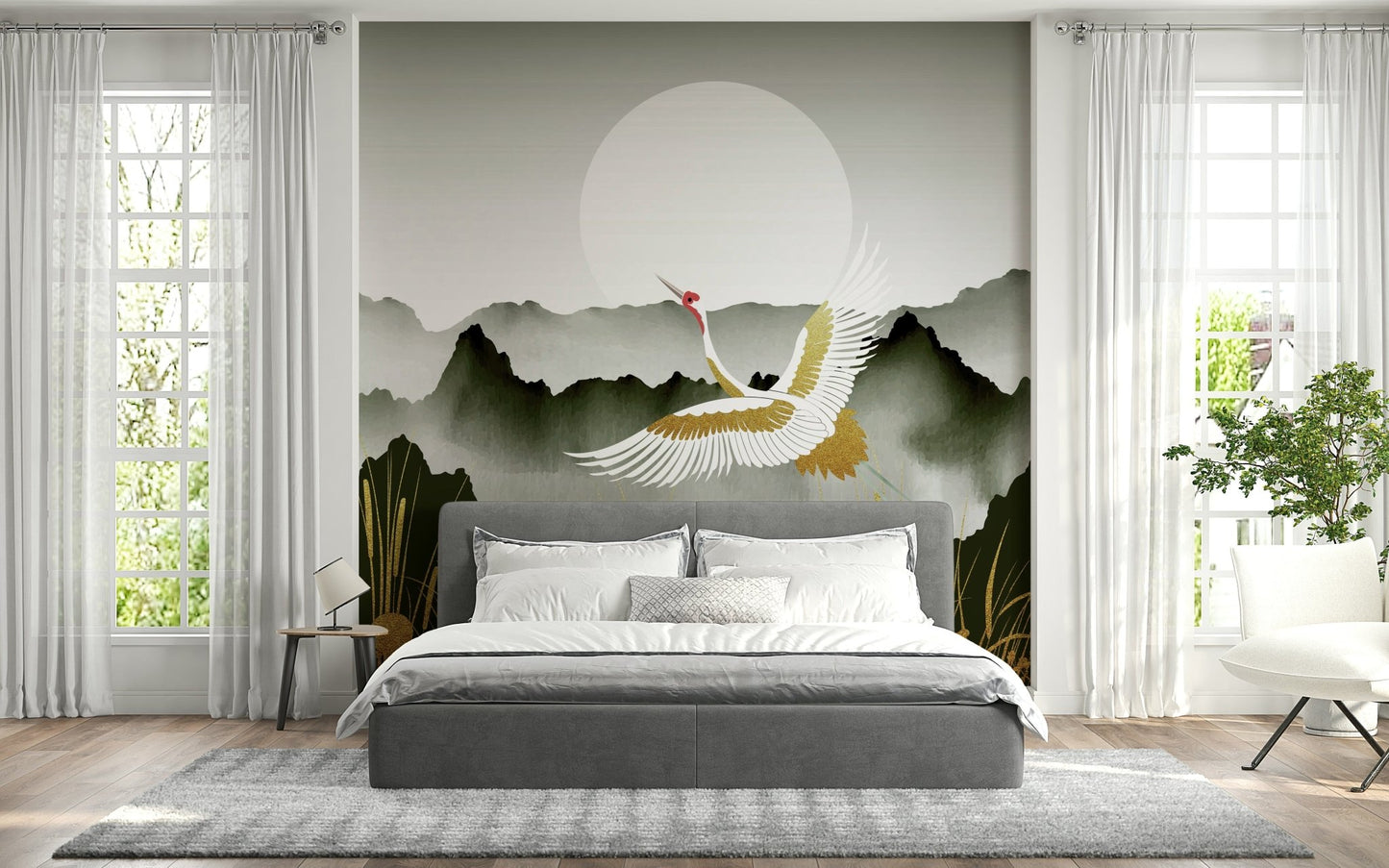 Crane mural above console table, soft gold color and beige tones, modern decor