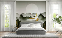Crane mural above console table, soft gold color and beige tones, modern decor