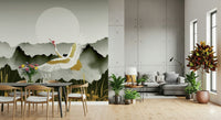 Hallway wall decor with crane mural, golden dawn background, contemporary look