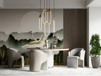 Nursery accent wall with crane mural, gentle gold color tones, serene style