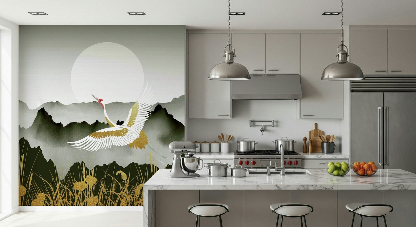 Golden crane mural behind sofa, warm color palette, modern apartment feature wall