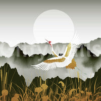 Large crane wall mural in lounge, golden sunrise hues, modern apartment styling