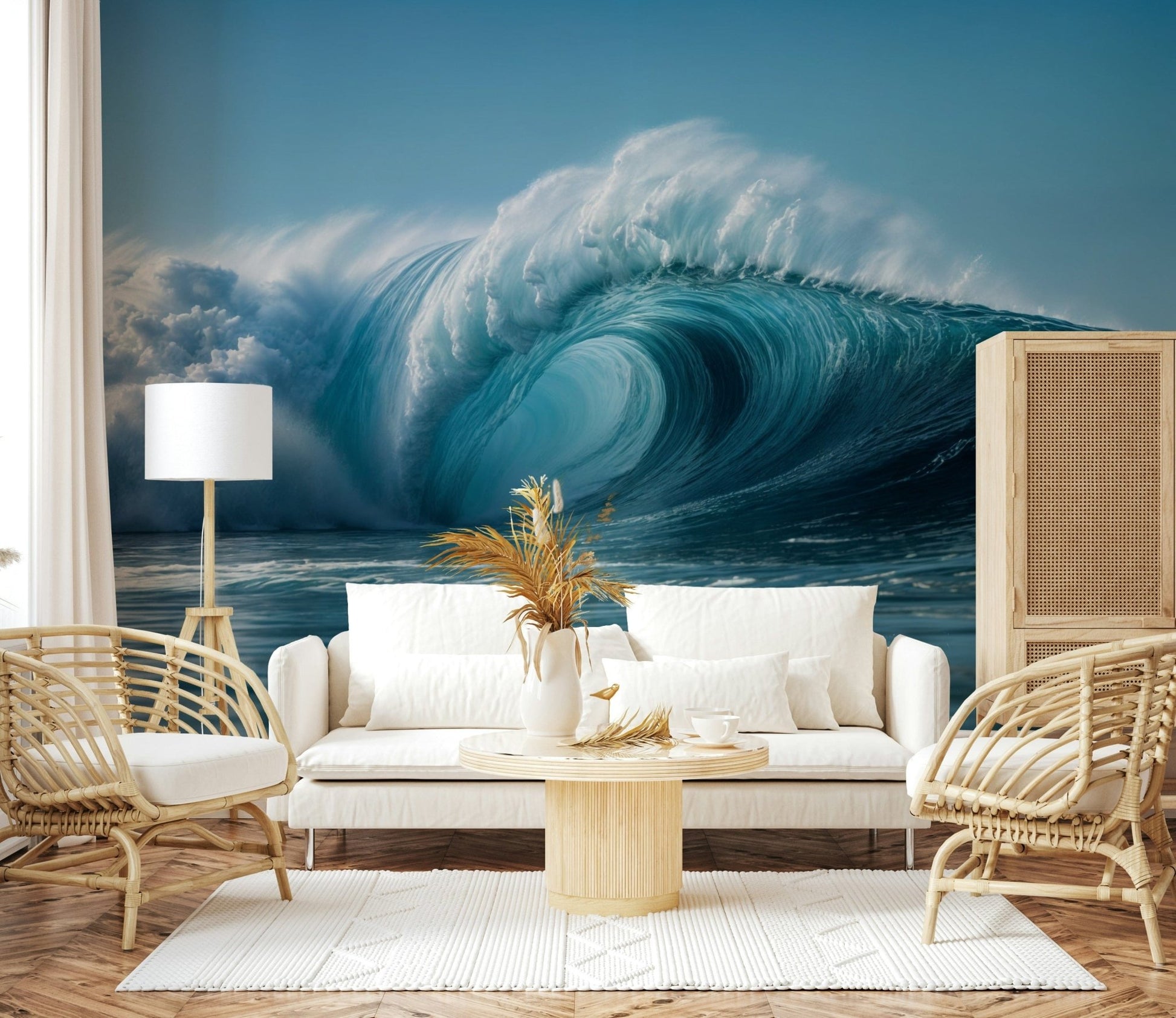 Dynamic Crashing Tide wallpaper displays immense turquoise water curves.