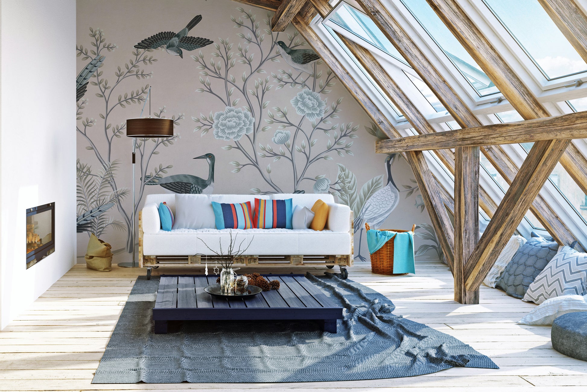 Cream Color Crane Birds on the Vintage Tree wallpaper mural with cranes in an attic lounge with a white pallet sofa