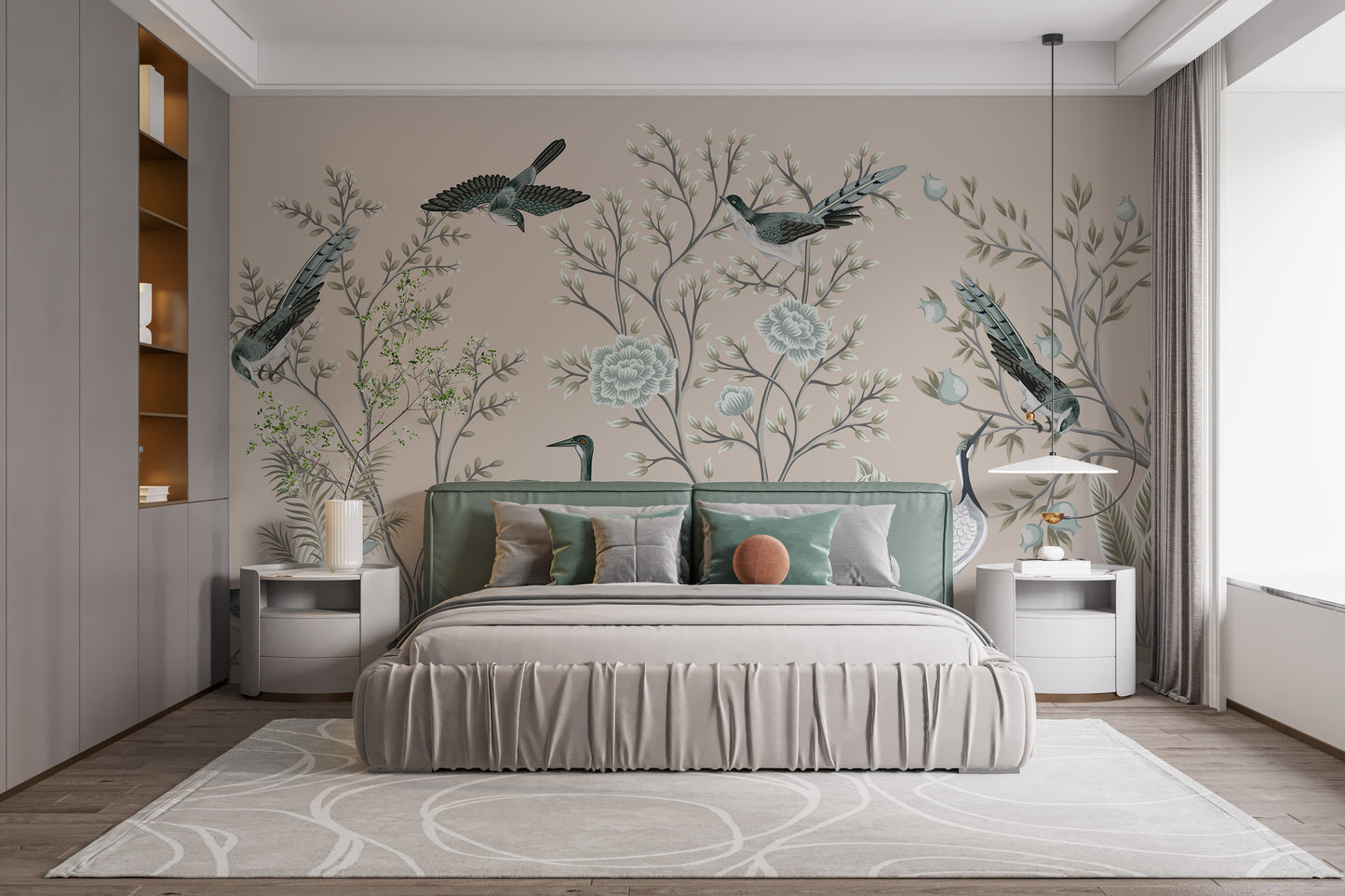Cream Color Crane Birds on the Vintage Tree wallpaper mural with teal birds behind a green upholstered bed