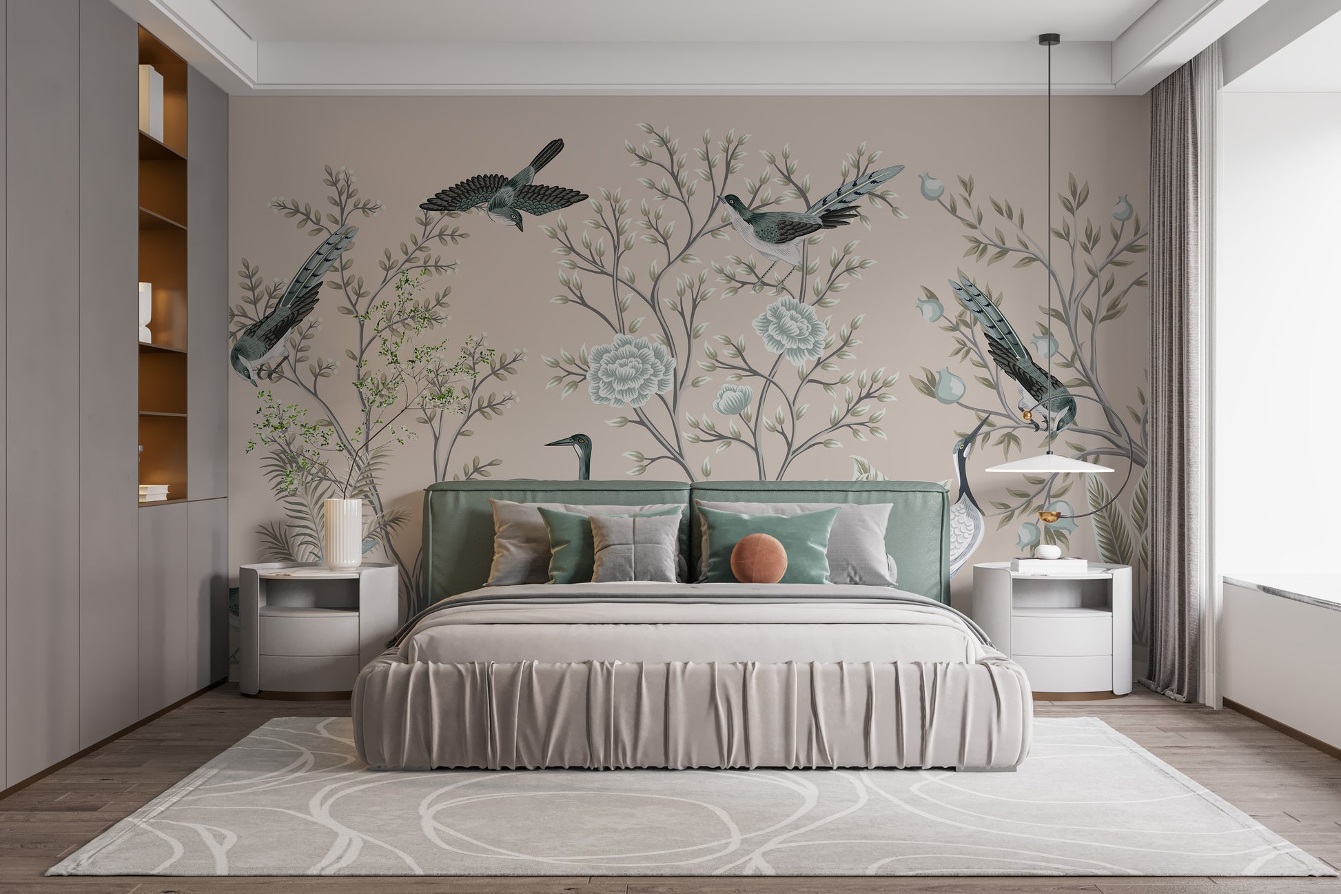 Cream Color Crane Birds on the Vintage Tree wallpaper mural with teal birds behind a green upholstered bed