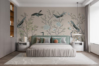 Cream Color Crane Birds on the Vintage Tree wallpaper mural with teal birds behind a green upholstered bed