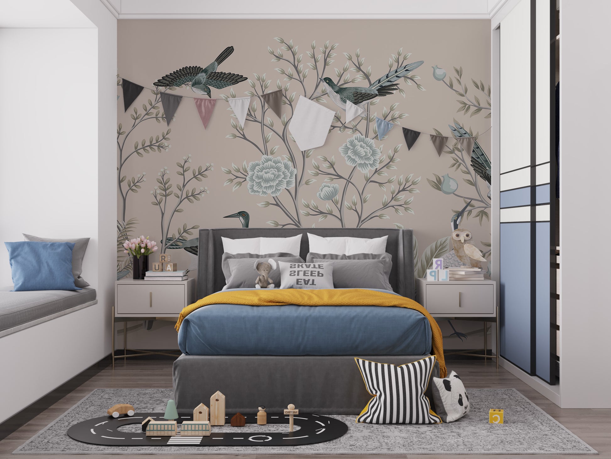 Cream Color Crane Birds on the Vintage Tree wallpaper mural with blue birds behind a grey kids bed with bunting