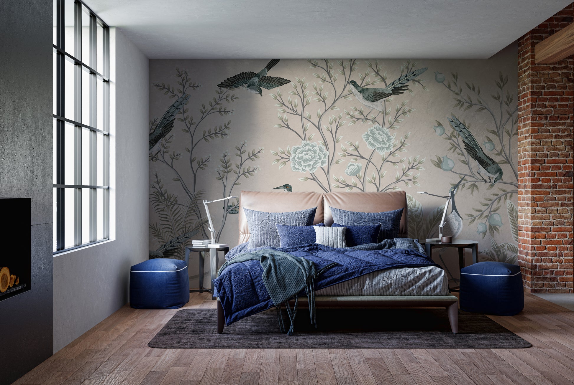 Cream wallpaper with vintage tree and birds
