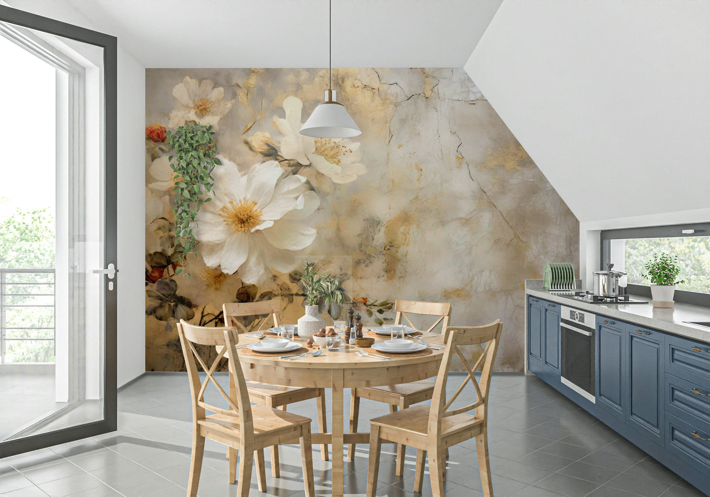 A graceful subtle bloom wall mural in soft, ivory tones.

